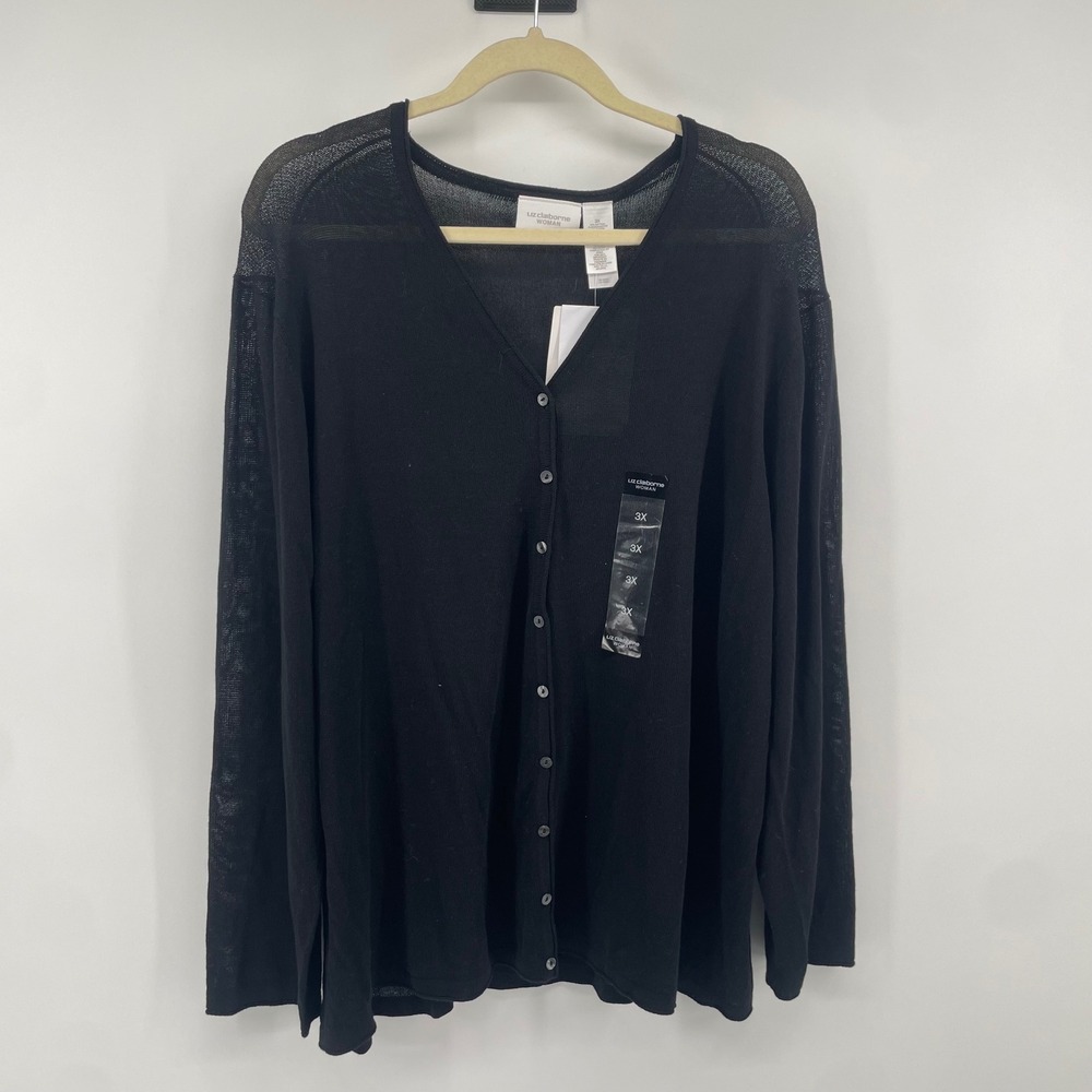 Liz Claiborne Cardigan Women 3X Black VNeck Button Front Knit Sweater Minimalist